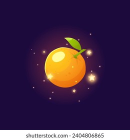 Orange, simple fruit, simple icon for game design, cartoon vector illustration isolated on black background. Food ui element, sweet orange with leaf. Bright color object for interface