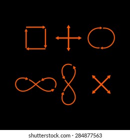 Orange Simple Icon set related to Interface Arrows  on a black background