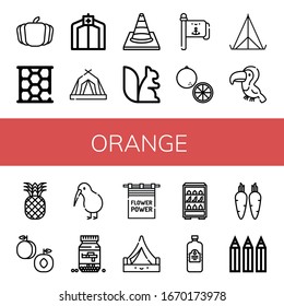 orange simple icons set. Contains such icons as Pumpkin, Honeycomb, Tent, Traffic cone, Squirrel, Flag pole, Orange, Toucan, Pineapple, Peach, can be used for web, mobile and logo