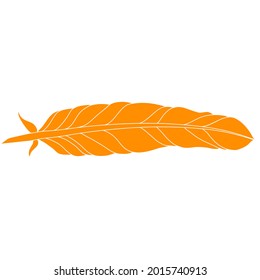 Orange single bird feather with white outline vector illustration with transparent background.