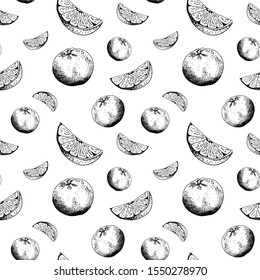 Orange sketch pattern. Hand drawn black orandes and orange slices on white background. Seamless vector backdrop