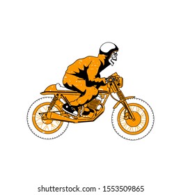 Orange Skull Ride a Bike. Biker Vector Illustration