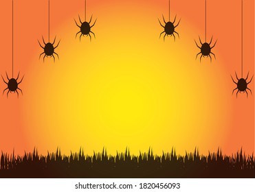Orange sky background with silhouettes of spiders.