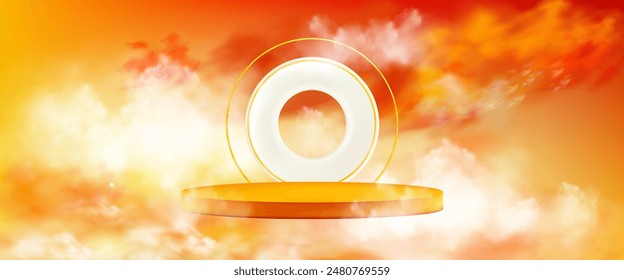 Escena del podio de la exhibición del producto de la nube 3d del cielo naranja. Abstractas maqueta de renderizado de escenario de ensueño para la presentación con ilustración de arco circular. Diseño nublado realista de la puesta del sol para el Anuncio de la vitrina con el pedestal