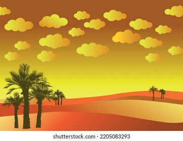 Orange Sky, Desert And Date Palms