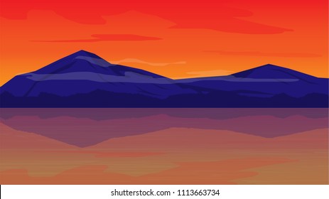 orange sky in evening with mountain landscape background;beautiful place in evening;landscape vector design