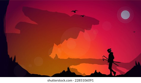 orange sky. fantasy sunset walpaper. samurai boy at sunset. Japanese samurai warrior with a sword. Samurai with oni mask. japanese theme wallpaper at sunset. sunset.