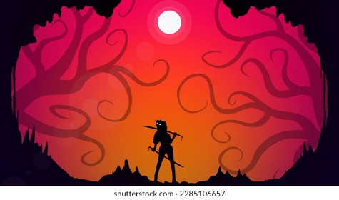 orange sky. fantasy sunset walpaper. samurai at sunset. Japanese samurai warrior with a sword. Samurai with oni mask. japanese theme wallpaper at sunset. sunset. samurai and tree wallpaper.