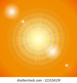 Orange sky with glaring sun. Abstract background, light burst with the center in the upper left third. Use of linear and radial gradients. Artwork grouped and layered. Global colors.