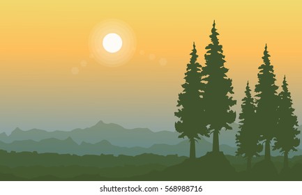 Orange sky landscape with spruce on the hill vector