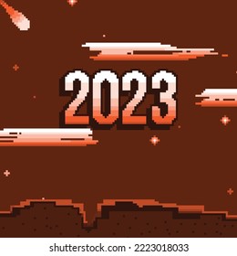 Orange sky in retro pixel design with cloud for celebration of new year 2023 design