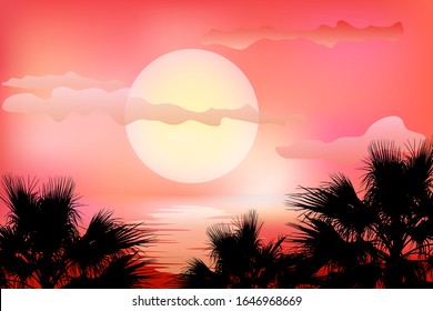 Orange sky and sun with reflection in the water. Black silhouettes of palm trees on a sunset background. Summer tropical landscape. Beautiful sunrise on the ocean. Exotic modern poster. Sea tourism