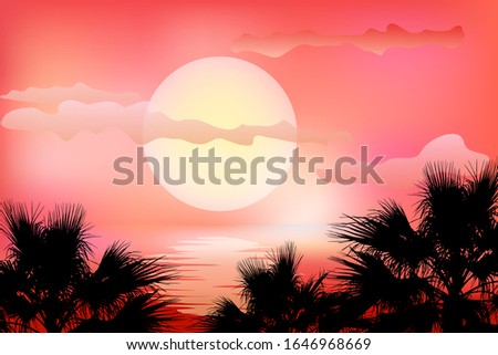 Orange sky and sun with reflection in the water. Black silhouettes of palm trees on a sunset background. Summer tropical landscape. Beautiful sunrise on the ocean. Exotic modern poster. Sea tourism