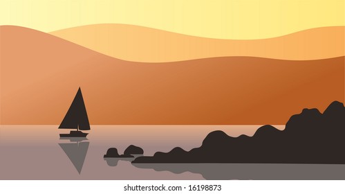 Orange sky at sunset. A silhouette of rocks and distant sailboat can be seen in the water.