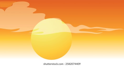 Orange sky with transparent clouds and bright big yellow sun. Vector.