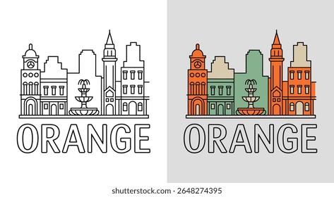 horizonte laranja com fonte de praça e edifícios Old Towne para arte charmosa da paisagem urbana.
