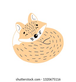 Orange sleeping fox poster. Vector illustration in Scandinavian style. Funny, cute. Doodle cartoon Wild animals for kids
