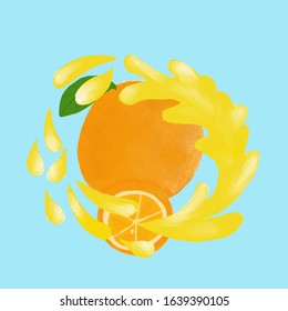 an orange and a slice of orange in the air and surrounded by its own juice
