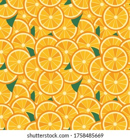 Orangefarbener Hintergrund, nahtloser Sommer-Vektormuster. Fruchtsaft, Vektorgrafik für Bekleidung. Gewebe, Textilien, Packpapier. Sonnenanbeter-Zitrusverzierungen, EPS10, bearbeitbar