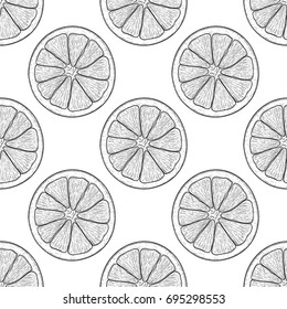 Orange slice. Black and white hand drawn sketch as seamless pattern. Vector illustration