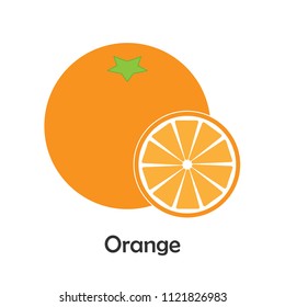 Orange with slice in cartoon style, card with fruit for kid, preschool activity for children, vector illustration