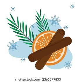 Orange slice with cinnamon sticks and fir branch. Christmas decoration. Concept for New Year or Christmas card or banner,flyer. A group of individual elements. Mulled wine ingredients. Vector illustra