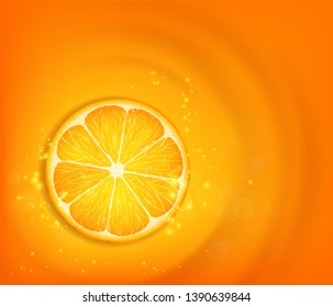 Orange slice and citrus juice with splashes and drops. Stock vector background.