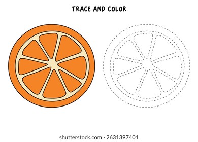 Orange Slice coloring pages for kids. Trace and color Orange Slice. Orange Slice fruit flashcard illustration. Fun fruit worksheets printable for kids activity.