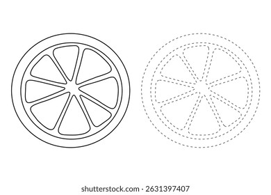 Orange Slice coloring pages for kids. Trace and color Orange Slice. Orange Slice fruit flashcard illustration. Fun fruit worksheets printable for kids activity.