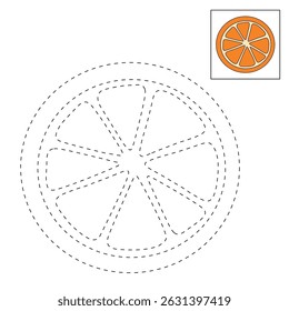 Orange Slice coloring pages for kids. Trace and color Orange Slice. Orange Slice fruit flashcard illustration. Fun fruit worksheets printable for kids activity.