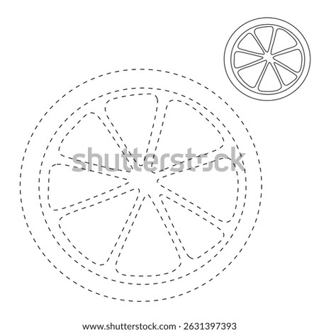 Orange Slice coloring pages for kids. Trace and color Orange Slice. Orange Slice fruit flashcard illustration. Fun fruit worksheets printable for kids activity.