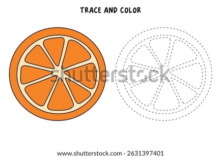 Orange Slice coloring pages for kids. Trace and color Orange Slice. Orange Slice fruit flashcard illustration. Fun fruit worksheets printable for kids activity.