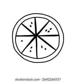 Orange slice in cute doodle style, vector illustration isolated on white background. Citrus fruit hand drawn outline drawing.