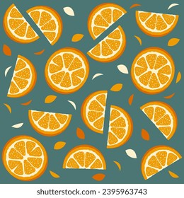 Diseño de rodajas de color naranja con decoración colorida sobre fondo verde-azul. Delicioso cítrico. Ilustración vectorial para tarjetas, empresas, banners, textiles, papel tapiz, envoltura