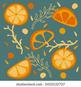 Orange slice design pattern with colorful decor and branches on green background. Delicious citrus. Vector illustration for cards, business, banners, textile, wallpaper, wrapping	