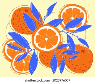 Dibujo a mano de garabato naranja y rebanado. Frutos amarillos de verano. Ilustración del vector 