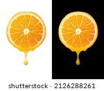Orange slice with drops of fresh juice isolated on white and black. Orange juice flows from round cut of orange fruit