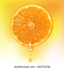 Orange slice with drops of juice. Orange juice drips. An element for your packaging design.  Vector illustration.