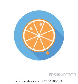 Orange slice flat design round icon. Color symbol of citrus fruit and healthy eating. Long shadow vector illustration in a circle isolated on white background.