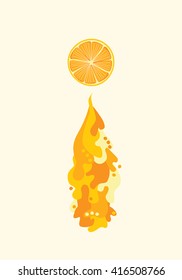 Orange slice with flowing juice. Vector liquid waves and splash. Healthy diet illustration, vegetarian vegan food. Fresh juicy drink, tasty fruit