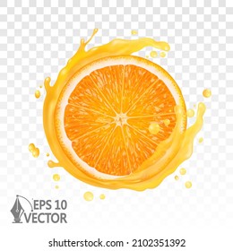 Trozo de naranja, jugo fresco salpicado aislado en fondo blanco, gráficos 3d realistas, vectoriales