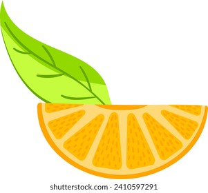 Orangefarbene Scheibe mit grünem Blatt, frische Zitrusfrüchte-Segmentgrafik. Gesundes Essen und natürliches Vitamin C Konzept Vektorgrafik.