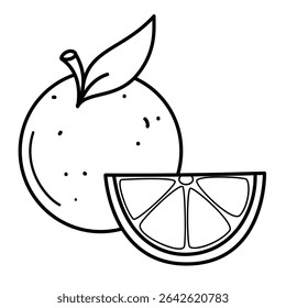 Orange and slice with green leaf line art vector isolated	