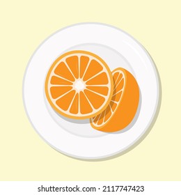 Orange slice half healthy citrus diet meal on plate. Vector illustration. Simple flat stock image. Vitamin c exotic fruit on table healthy food nutrition