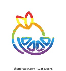 Orange slice, half lemon, fresh fruit, icon of food. Drawing sign with LGBT style, seven colors of rainbow (red, orange, yellow, green, blue, indigo, violet