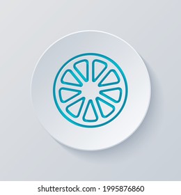 Orange slice, half lemon, fresh fruit, icon of food. Cut circle with gray and blue layers. Paper style