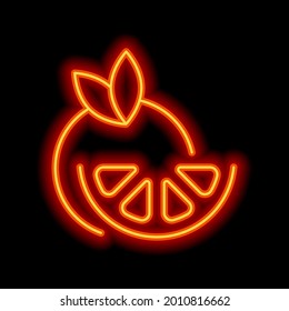 Orange slice, half lemon, fresh fruit, icon of food. Orange neon style on black background. Light linear icon with editable stroke