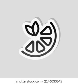 Orange slice, half lemon, fresh fruit, icon of food. Linear sticker, white border and simple shadow on gray background
