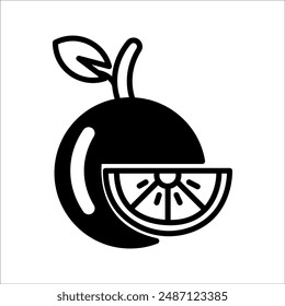 Orange slice, half lemon, fresh fruit, food icon. Black icon on white background.
