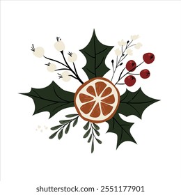 Orange slice with holly leaves, red berries, and white mistletoe on white background. Hand-drawn botanical illustration. Christmas and winter decoration concept for design and print.